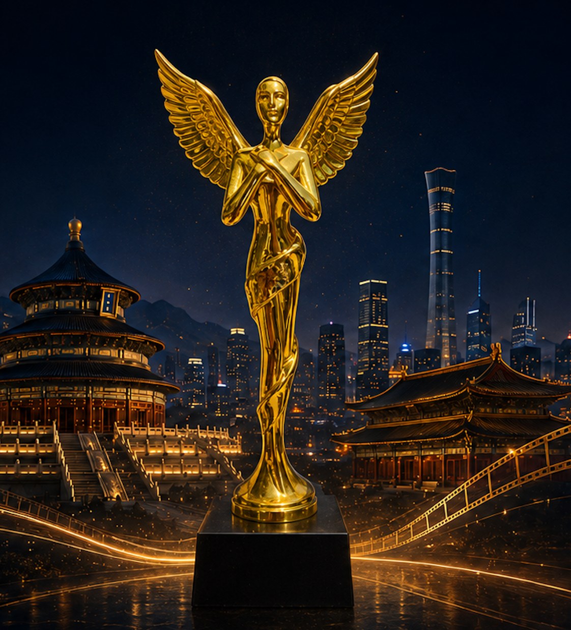 SVAIFF Beijing golden winged award statue — Temple of Heaven and Beijing night skyline