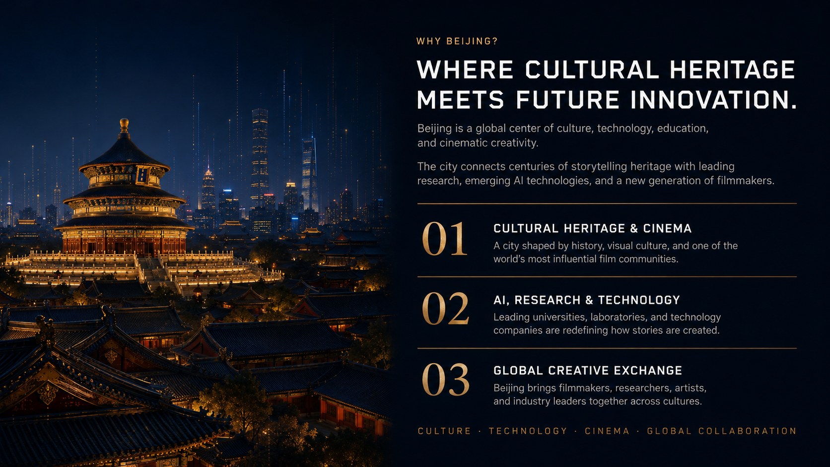 Why Beijing — Where cultural heritage meets future innovation: Cultural Heritage and Cinema, AI Research and Technology, Global Creative Exchange.